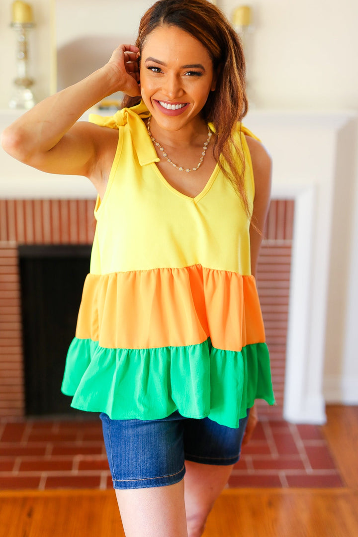 Yellow &amp; Tangerine Tiered Shoulder Tie Crepe Tops | Nikki &amp; Co. Boutique