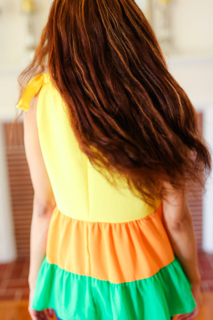 Yellow &amp; Tangerine Tiered Shoulder Tie Crepe Tops | Nikki &amp; Co. Boutique