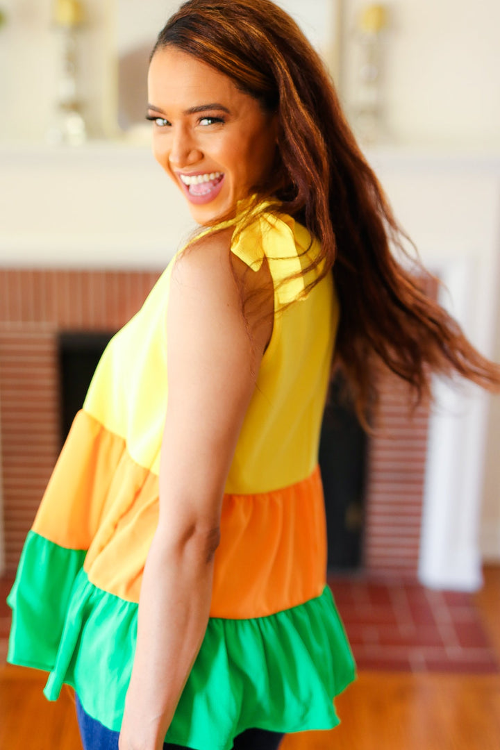 Yellow &amp; Tangerine Tiered Shoulder Tie Crepe Tops | Nikki &amp; Co. Boutique