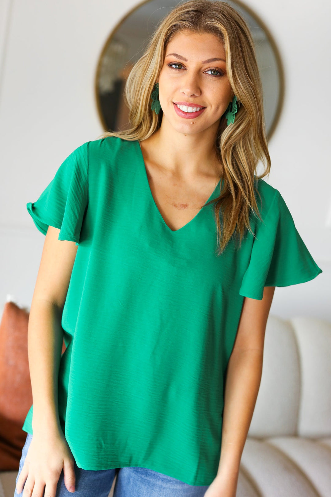 In Your Dreams Emerald Green Flutter Sleeve V Neck Tops | Nikki &amp; Co. Boutique