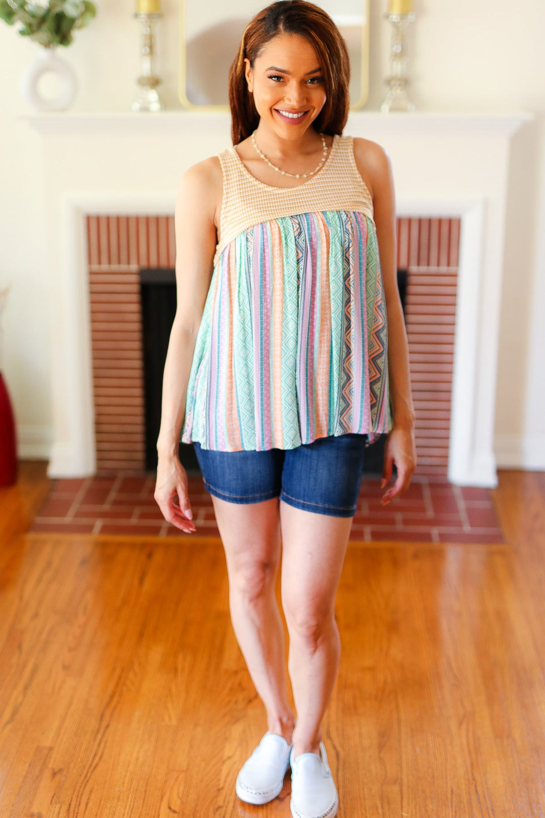 Mustard Two-Tone Boho Print Back Tie Tank | Nikki &amp; Co. Boutique