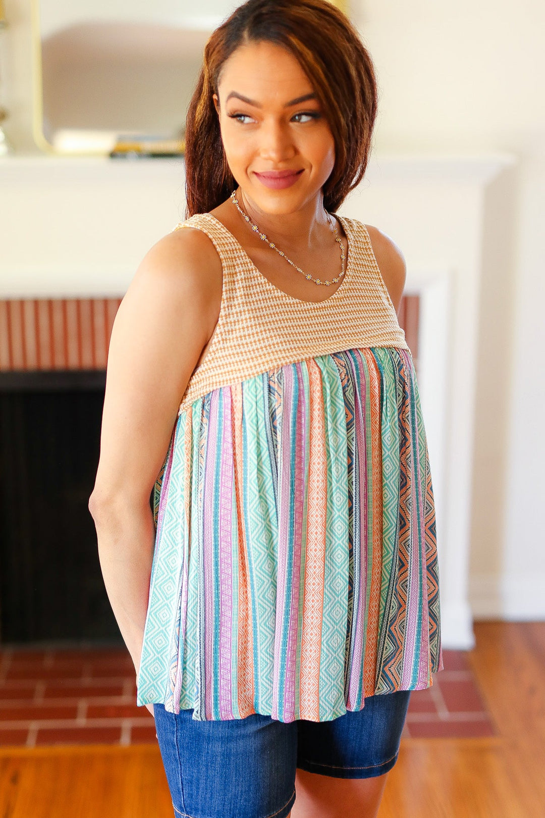 Mustard Two-Tone Boho Print Back Tie Tank | Nikki &amp; Co. Boutique