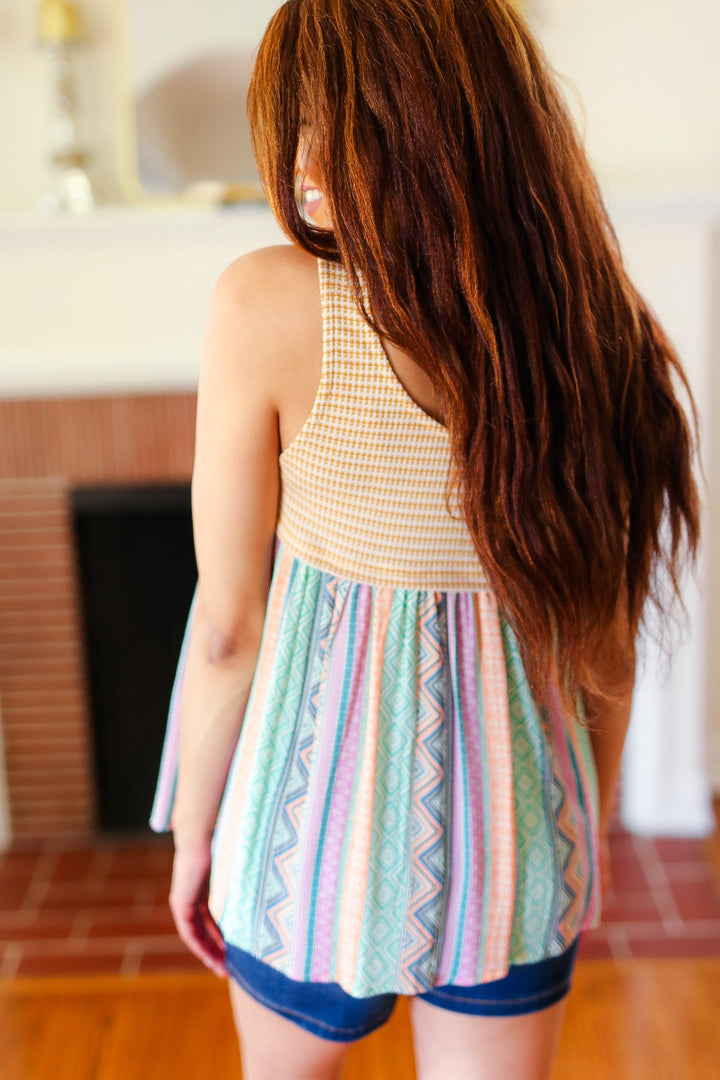 Mustard Two-Tone Boho Print Back Tie Tank | Nikki &amp; Co. Boutique
