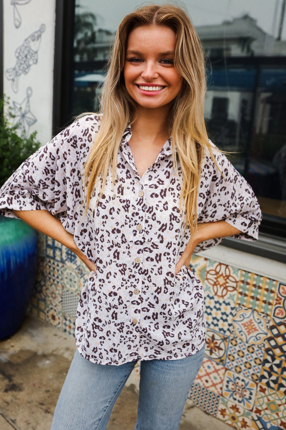 Feeling Bold Ivory Animal Print Dolman Collar Button Down Top - Nikki &amp; Co. Boutique