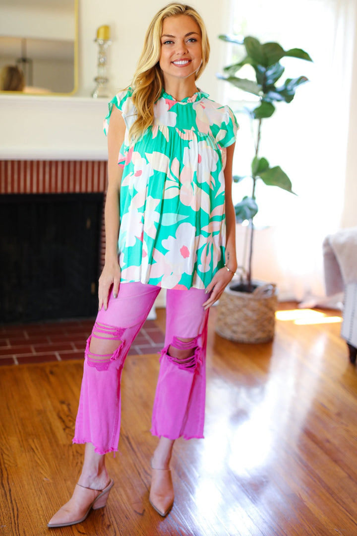 Feeling Joyful Aqua Floral Mock Neck Flutter Sleeve Tops | Nikki &amp; Co. Boutique