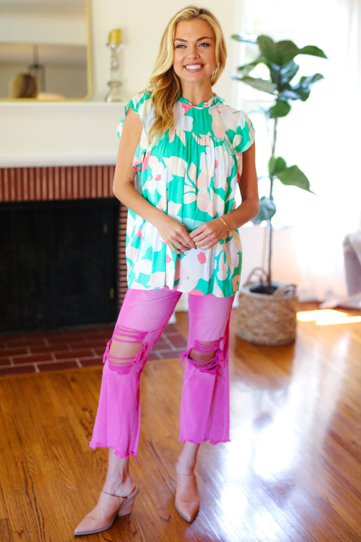 Feeling Joyful Aqua Floral Mock Neck Flutter Sleeve Tops | Nikki &amp; Co. Boutique