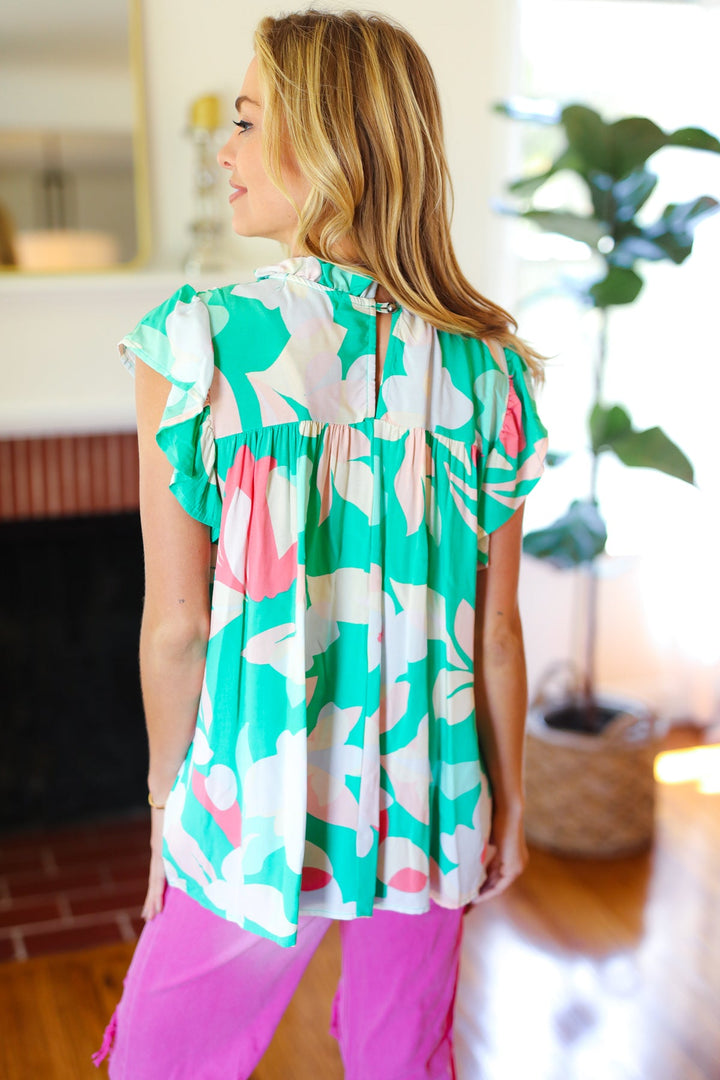Feeling Joyful Aqua Floral Mock Neck Flutter Sleeve Tops | Nikki &amp; Co. Boutique