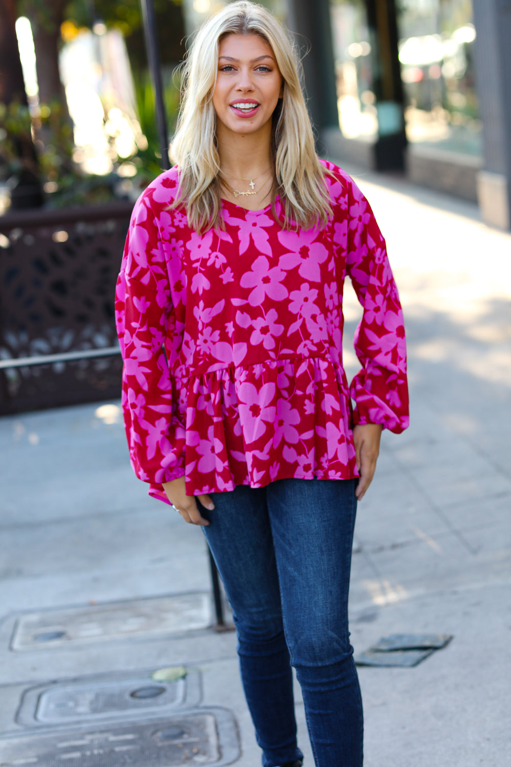 Red &amp; Magenta Floral V Neck Woven Babydoll Tops | Nikki &amp; Co. Boutique
