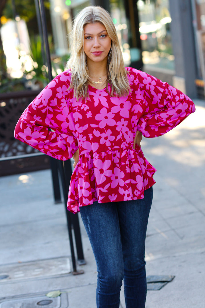 Red &amp; Magenta Floral V Neck Woven Babydoll Tops | Nikki &amp; Co. Boutique