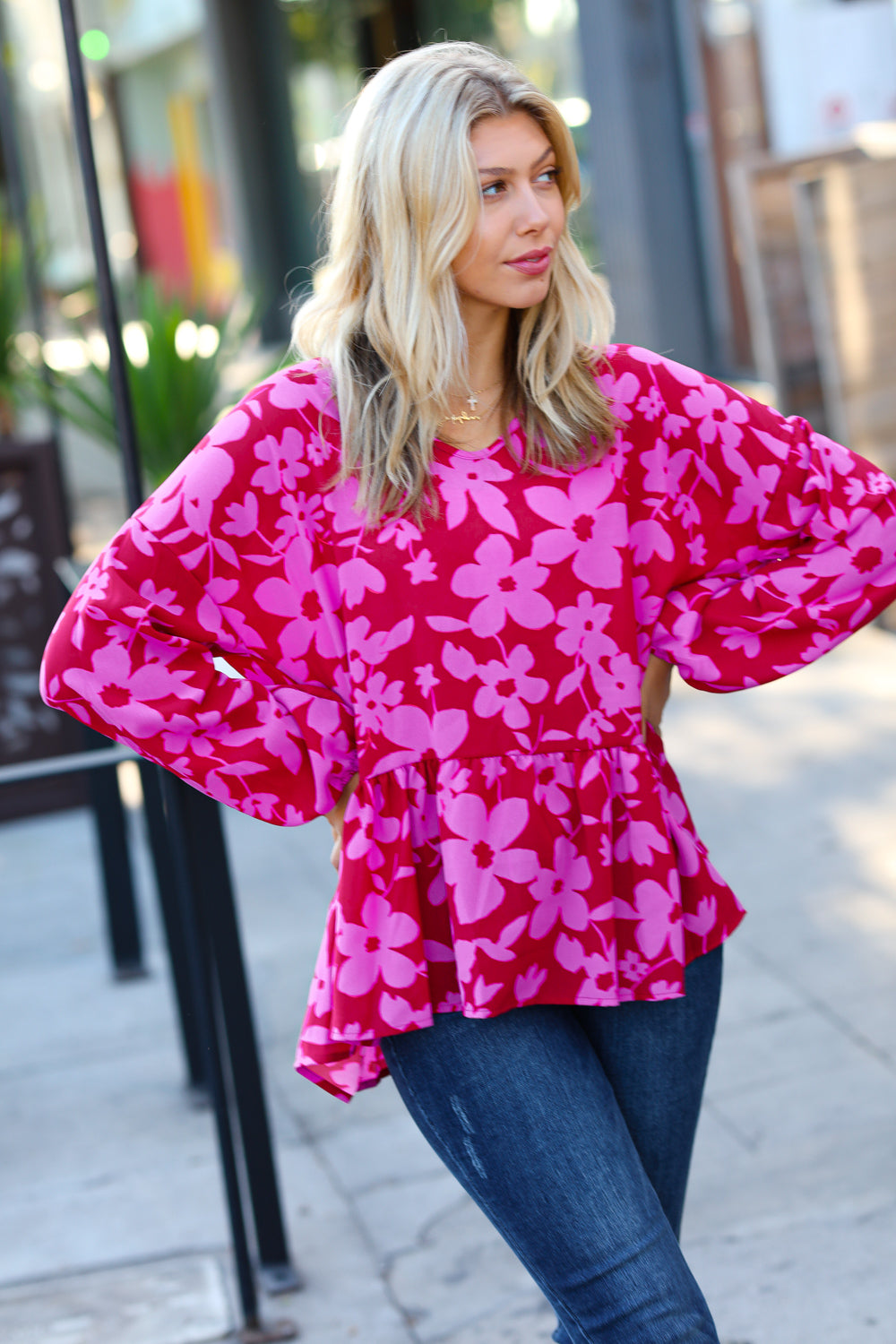 Red &amp; Magenta Floral V Neck Woven Babydoll Tops | Nikki &amp; Co. Boutique