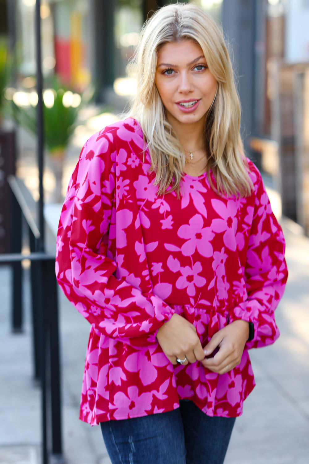 Red &amp; Magenta Floral V Neck Woven Babydoll Tops | Nikki &amp; Co. Boutique