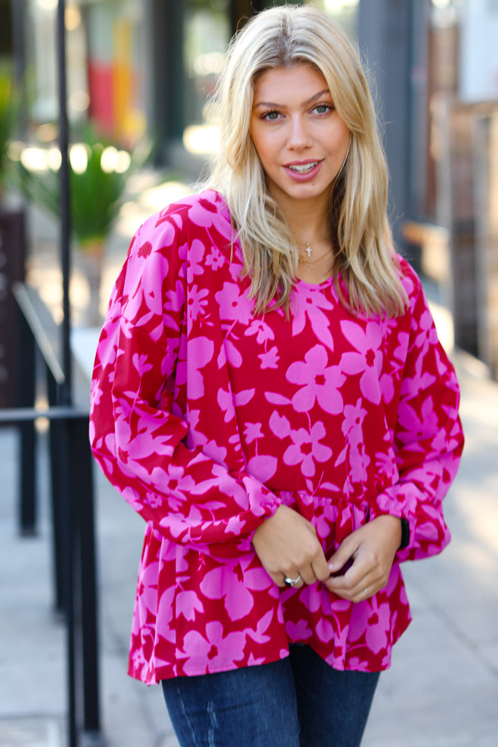 Red &amp; Magenta Floral V Neck Woven Babydoll Tops | Nikki &amp; Co. Boutique