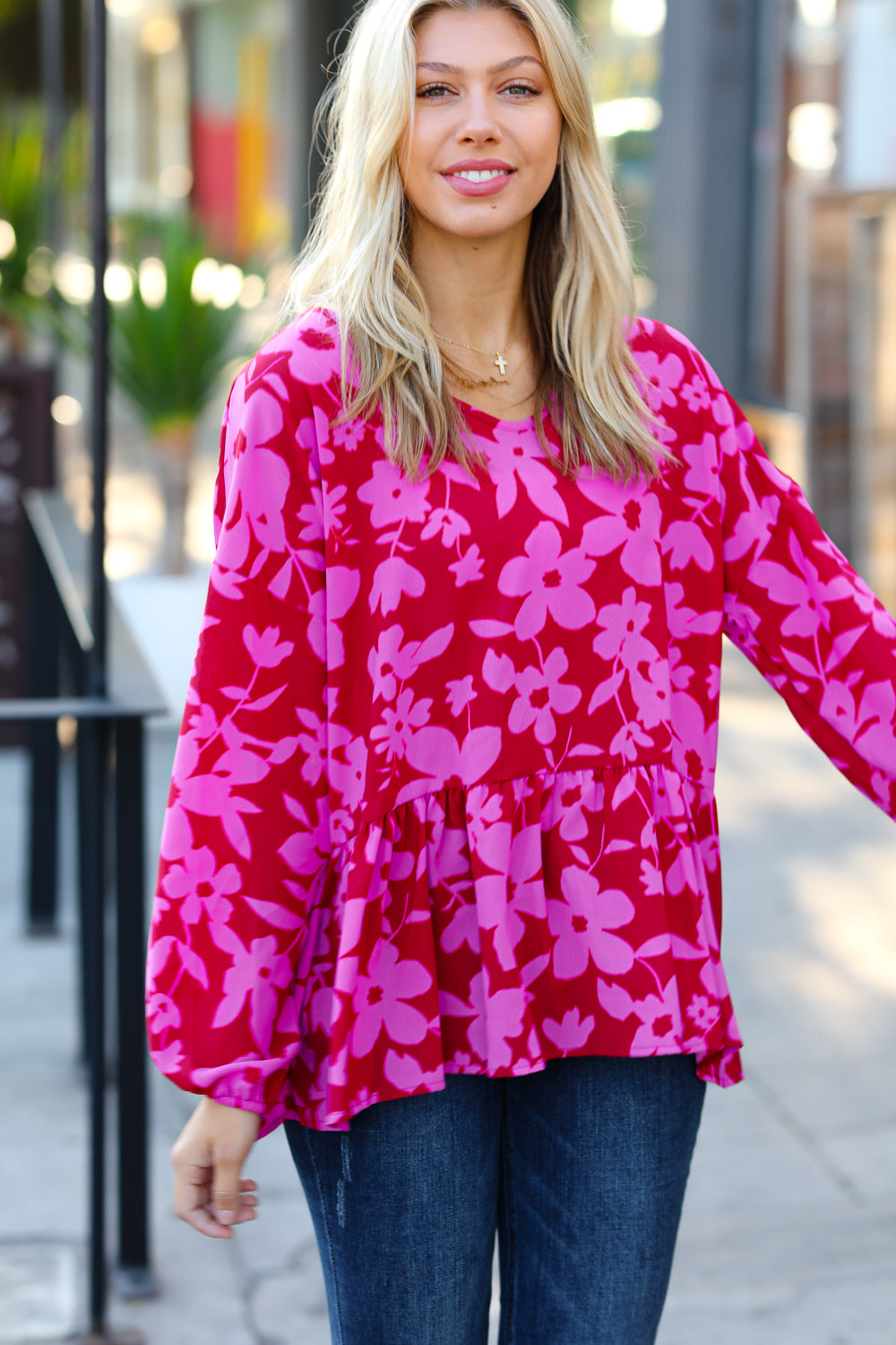 Red &amp; Magenta Floral V Neck Woven Babydoll Tops | Nikki &amp; Co. Boutique