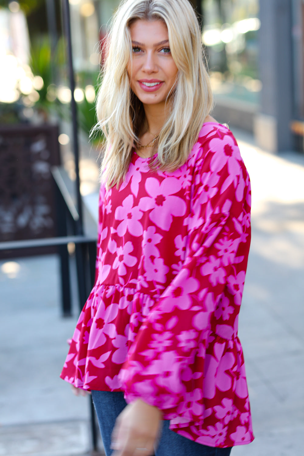 Red &amp; Magenta Floral V Neck Woven Babydoll Tops | Nikki &amp; Co. Boutique