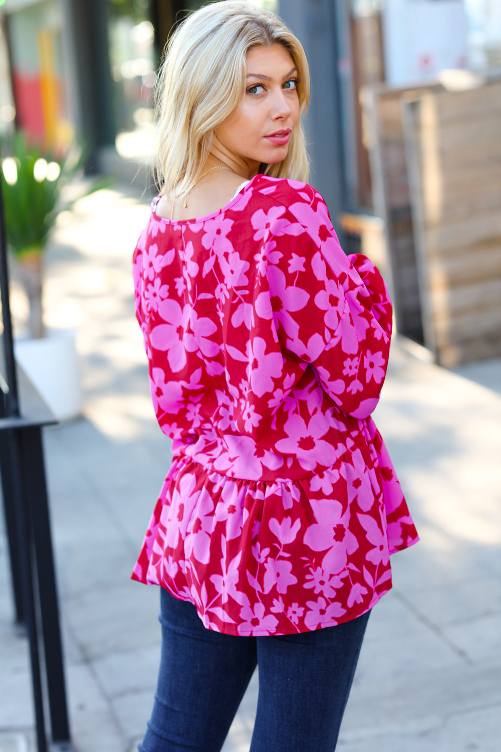 Red &amp; Magenta Floral V Neck Woven Babydoll Tops | Nikki &amp; Co. Boutique
