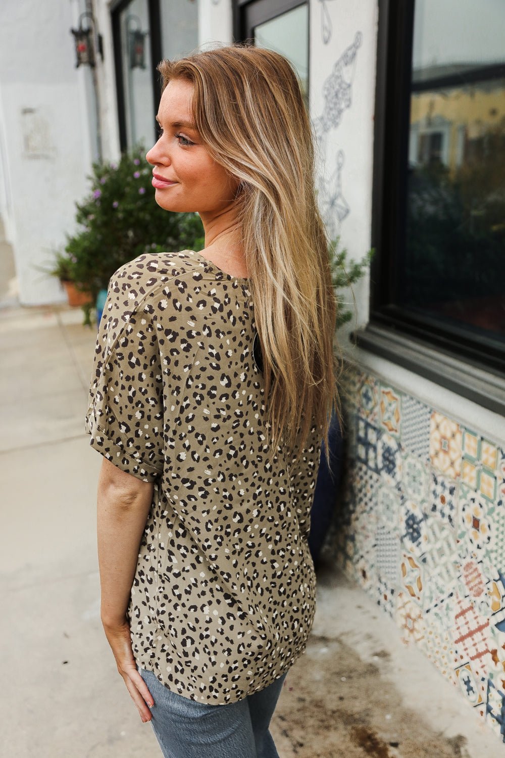 Best In Bold Sage Animal Print V Neck Dolman Side Slit Tops - Nikki &amp; Co. Boutique