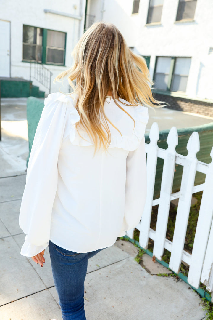 Eyes On You Ivory Ribbon Tie Bow Square Neck Ruffle Bubble Sleeve Blouse | Nikki &amp; Co. Boutique