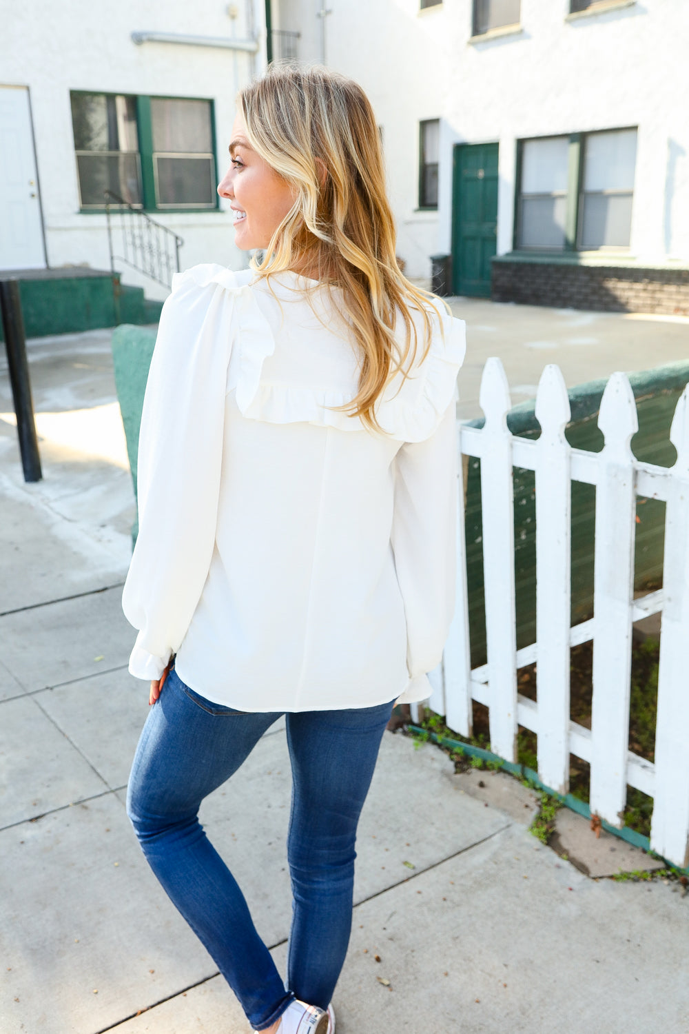 Eyes On You Ivory Ribbon Tie Bow Square Neck Ruffle Bubble Sleeve Blouse | Nikki &amp; Co. Boutique