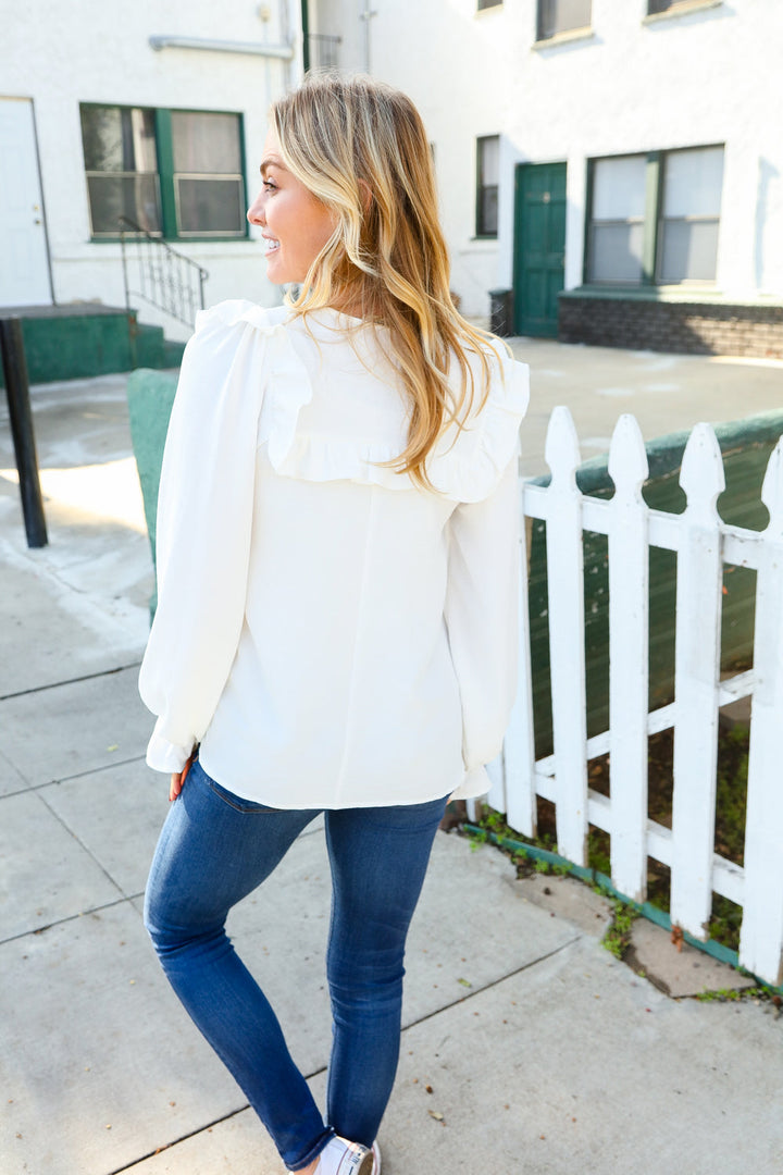 Eyes On You Ivory Ribbon Tie Bow Square Neck Ruffle Bubble Sleeve Blouse | Nikki &amp; Co. Boutique
