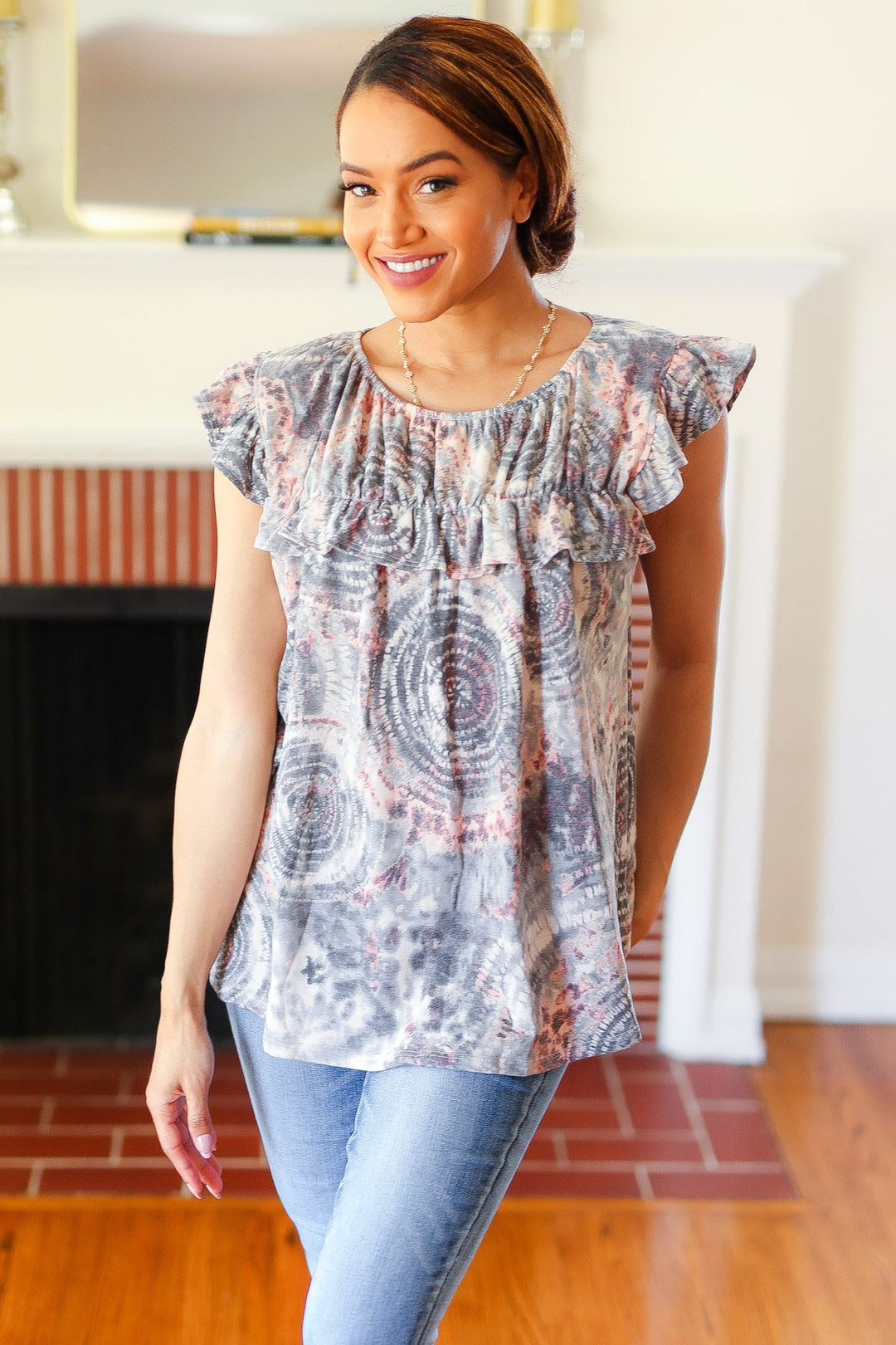 Everyday Gray &amp; Coral Tie Dye Frilled Shorts Sleeve Yoke Tops | Nikki &amp; Co. Boutique
