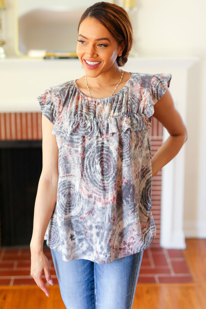 Everyday Gray &amp; Coral Tie Dye Frilled Shorts Sleeve Yoke Tops | Nikki &amp; Co. Boutique