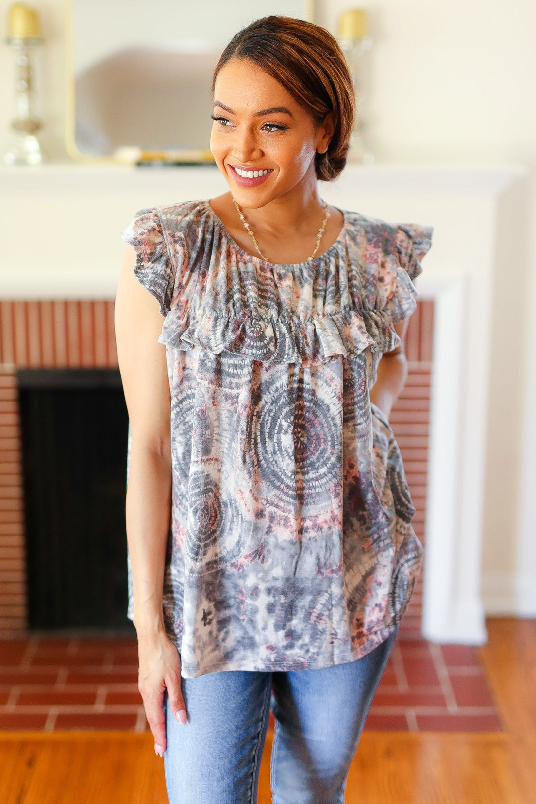 Everyday Gray &amp; Coral Tie Dye Frilled Shorts Sleeve Yoke Tops | Nikki &amp; Co. Boutique