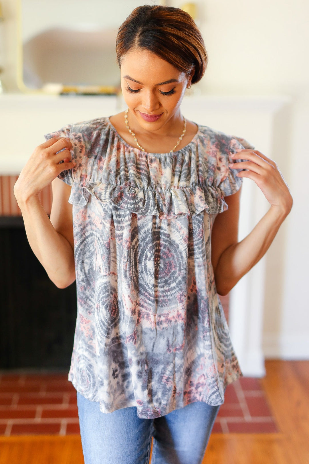Everyday Gray &amp; Coral Tie Dye Frilled Shorts Sleeve Yoke Tops | Nikki &amp; Co. Boutique