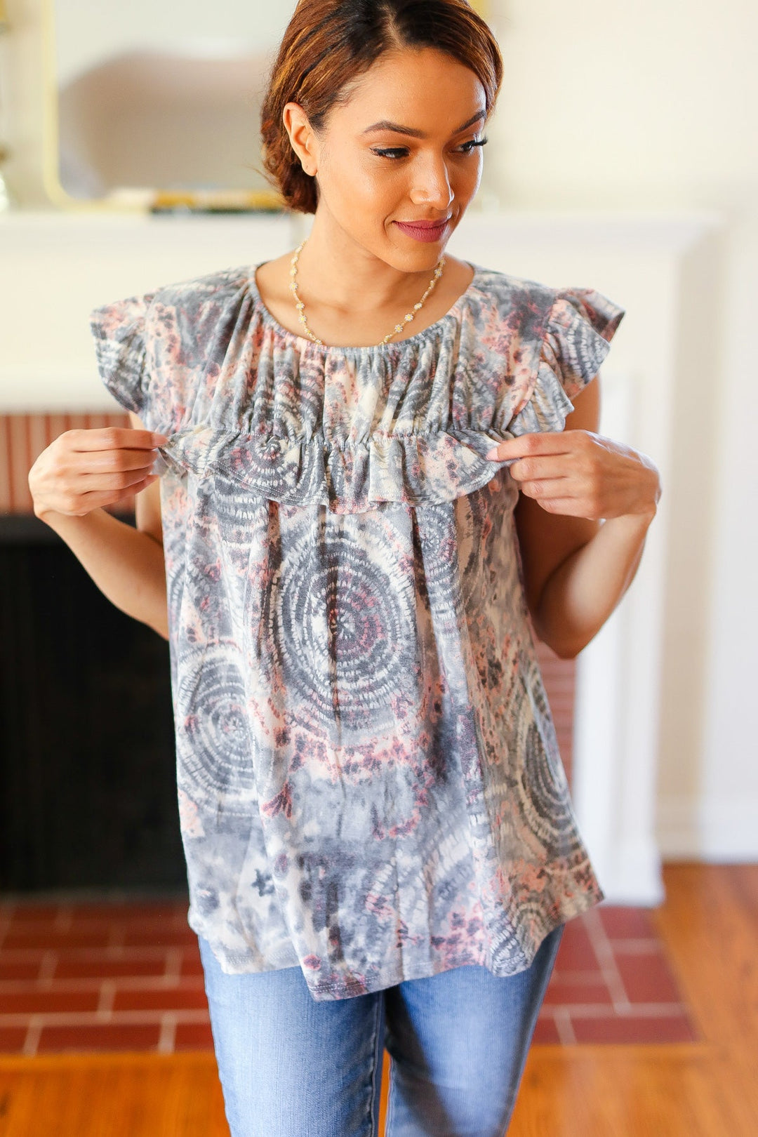 Everyday Gray &amp; Coral Tie Dye Frilled Shorts Sleeve Yoke Tops | Nikki &amp; Co. Boutique