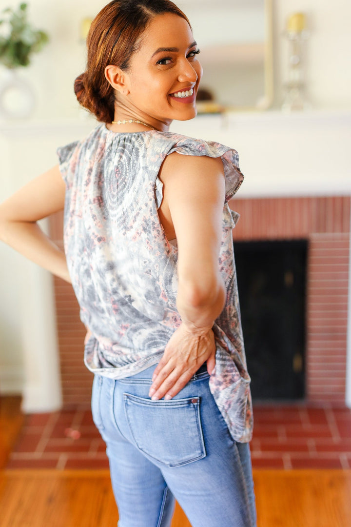 Everyday Gray &amp; Coral Tie Dye Frilled Shorts Sleeve Yoke Tops | Nikki &amp; Co. Boutique