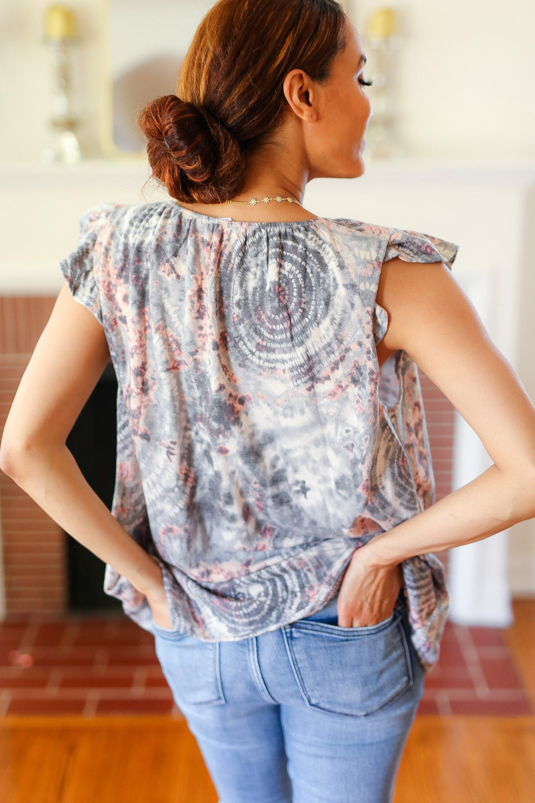 Everyday Gray &amp; Coral Tie Dye Frilled Shorts Sleeve Yoke Tops | Nikki &amp; Co. Boutique