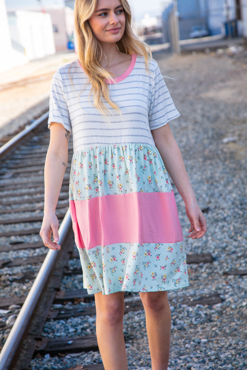 Floral and Stripe Color Block Fit and Flare Rib Dress | Nikki &amp; Co. Boutique
