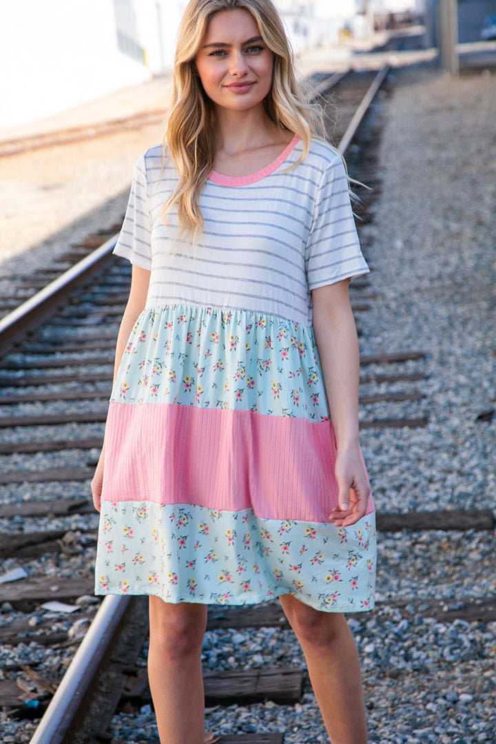 Floral and Stripe Color Block Fit and Flare Rib Dress | Nikki &amp; Co. Boutique