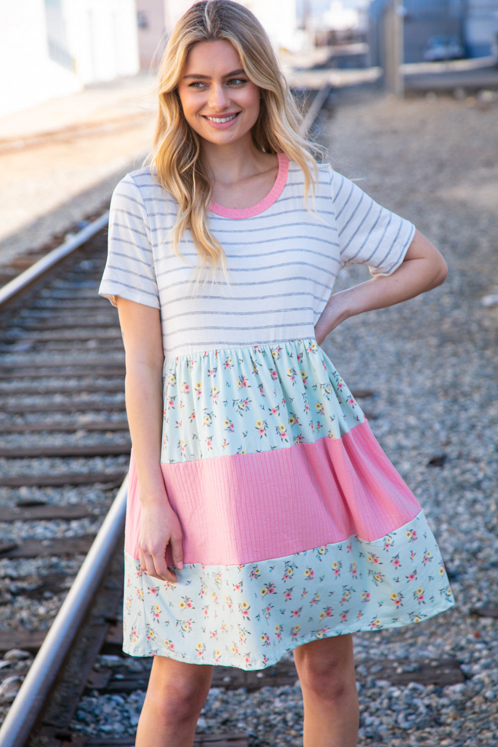 Floral and Stripe Color Block Fit and Flare Rib Dress | Nikki &amp; Co. Boutique