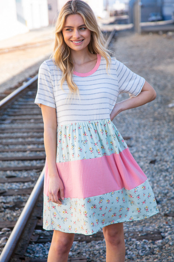 Floral and Stripe Color Block Fit and Flare Rib Dress | Nikki &amp; Co. Boutique