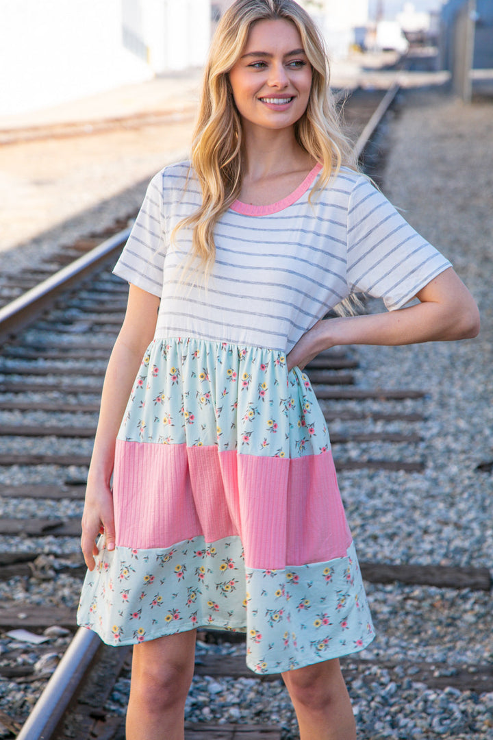 Floral and Stripe Color Block Fit and Flare Rib Dress | Nikki &amp; Co. Boutique