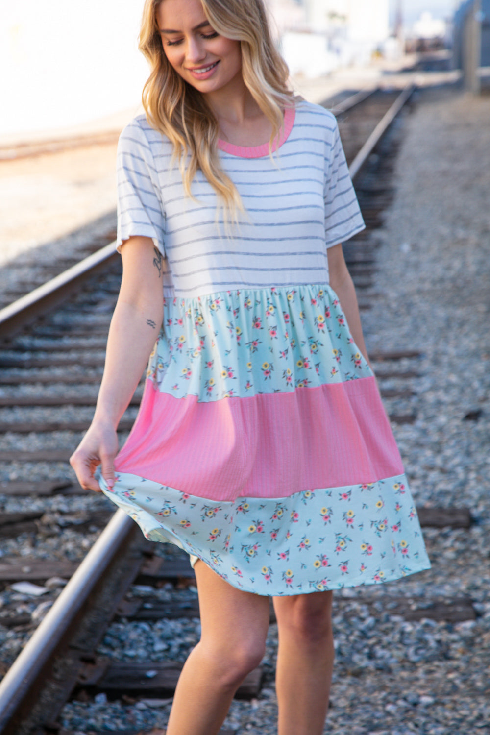 Floral and Stripe Color Block Fit and Flare Rib Dress | Nikki &amp; Co. Boutique
