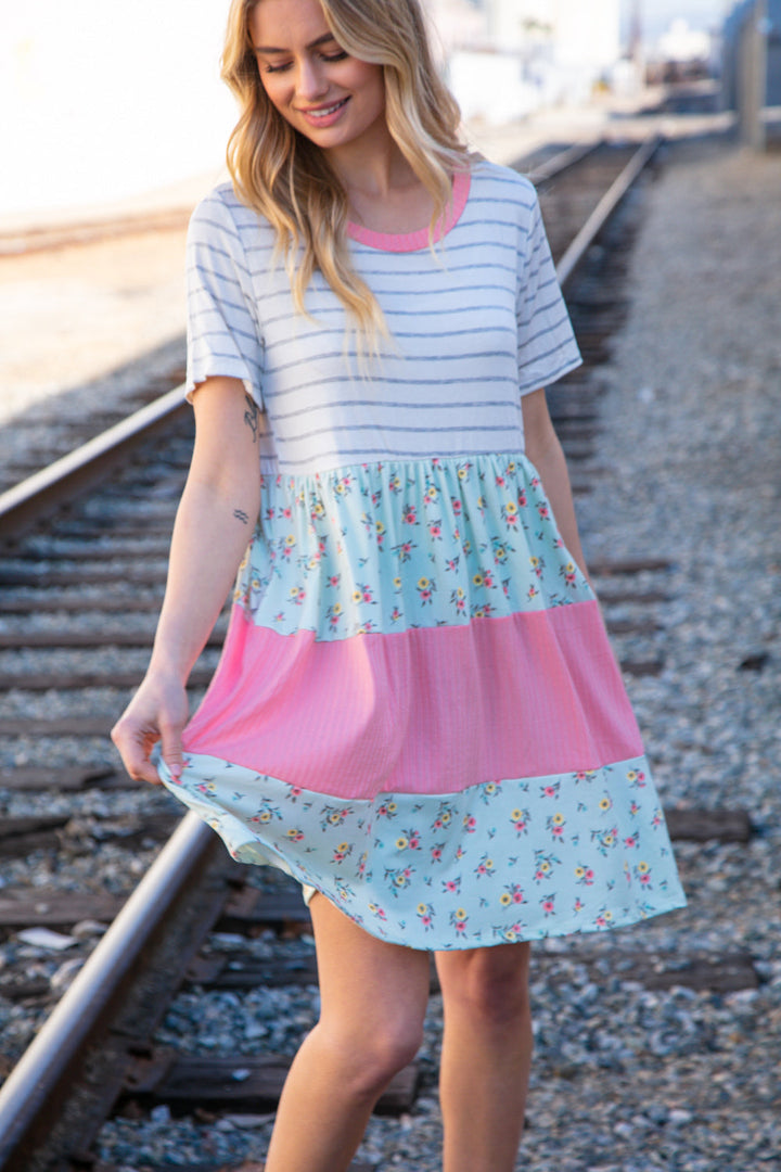 Floral and Stripe Color Block Fit and Flare Rib Dress | Nikki &amp; Co. Boutique