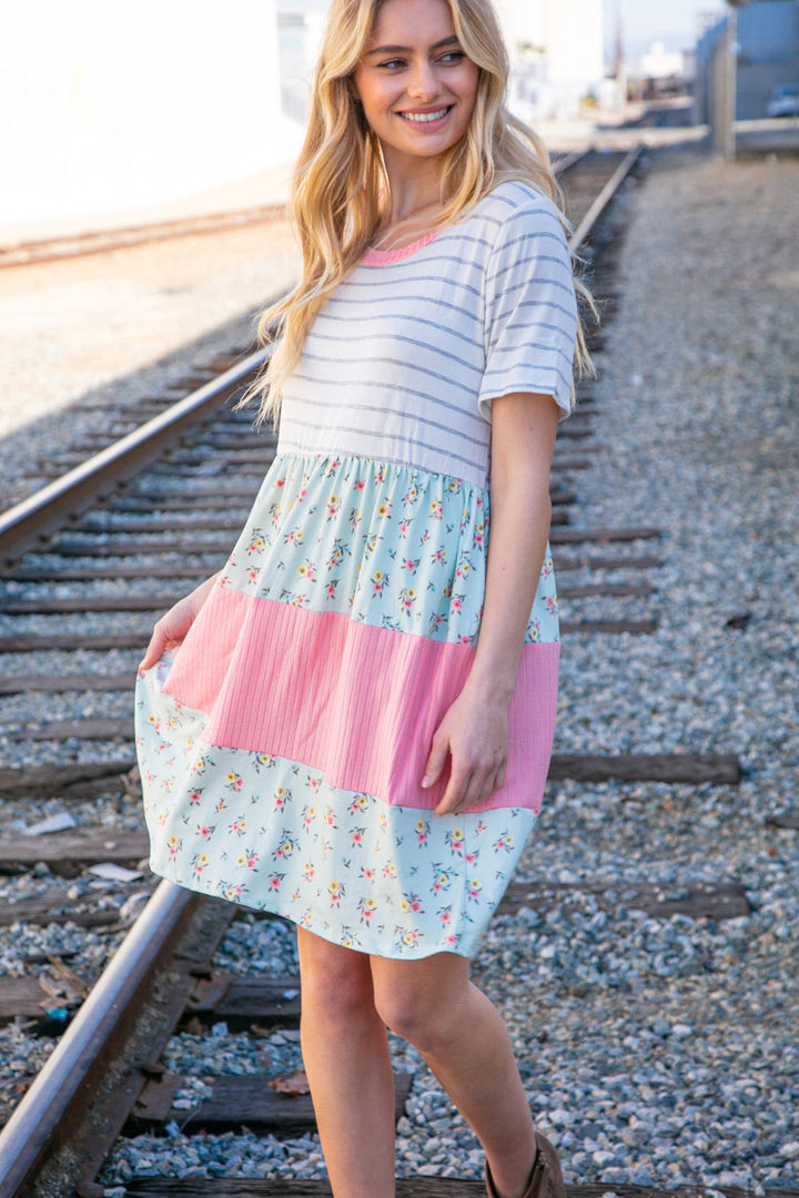 Floral and Stripe Color Block Fit and Flare Rib Dress | Nikki &amp; Co. Boutique