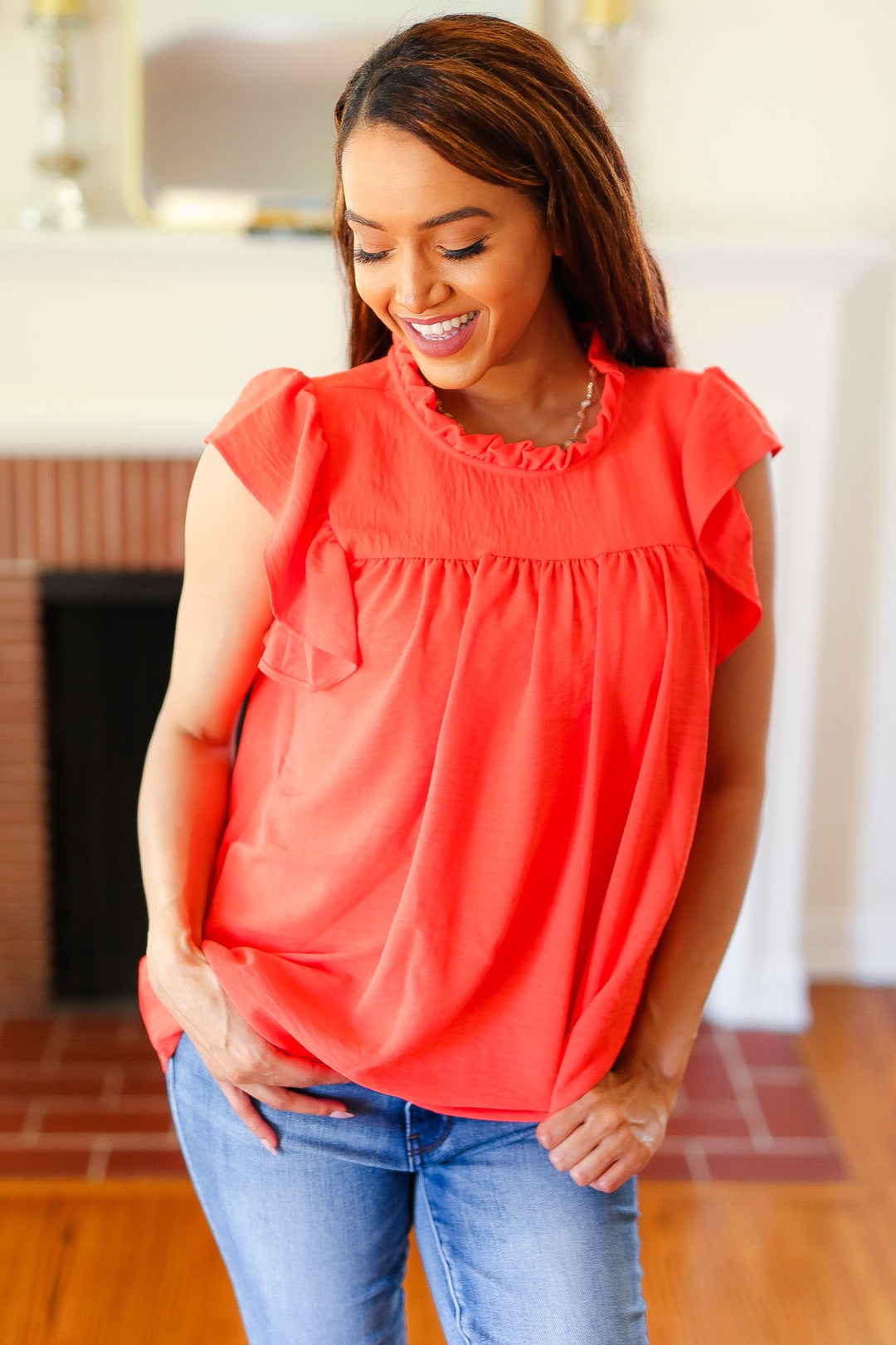 Red-Orange Mock Neck Flutter Sleeve Tops | Nikki &amp; Co. Boutique