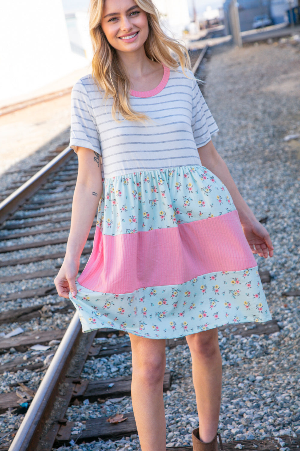 Floral and Stripe Color Block Fit and Flare Rib Dress | Nikki &amp; Co. Boutique