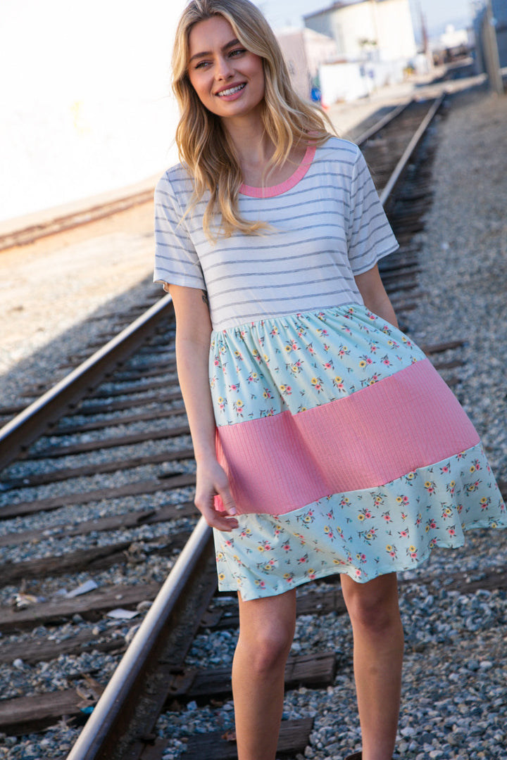 Floral and Stripe Color Block Fit and Flare Rib Dress | Nikki &amp; Co. Boutique
