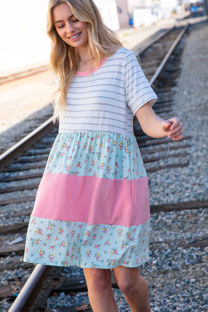 Floral and Stripe Color Block Fit and Flare Rib Dress | Nikki &amp; Co. Boutique