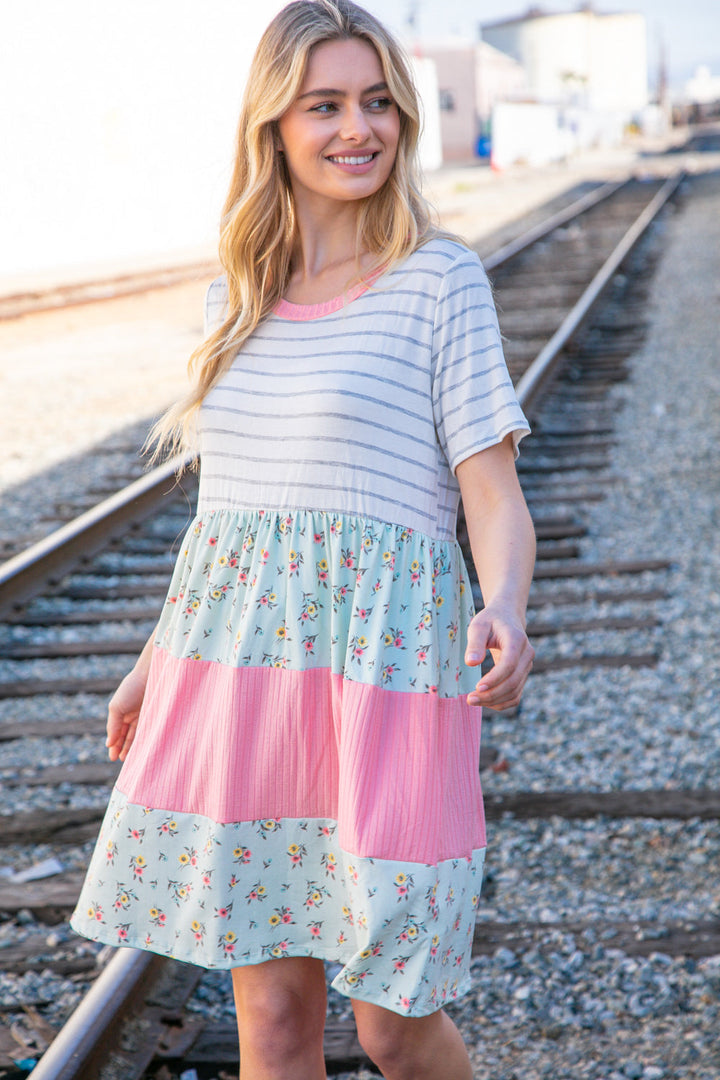 Floral and Stripe Color Block Fit and Flare Rib Dress | Nikki &amp; Co. Boutique