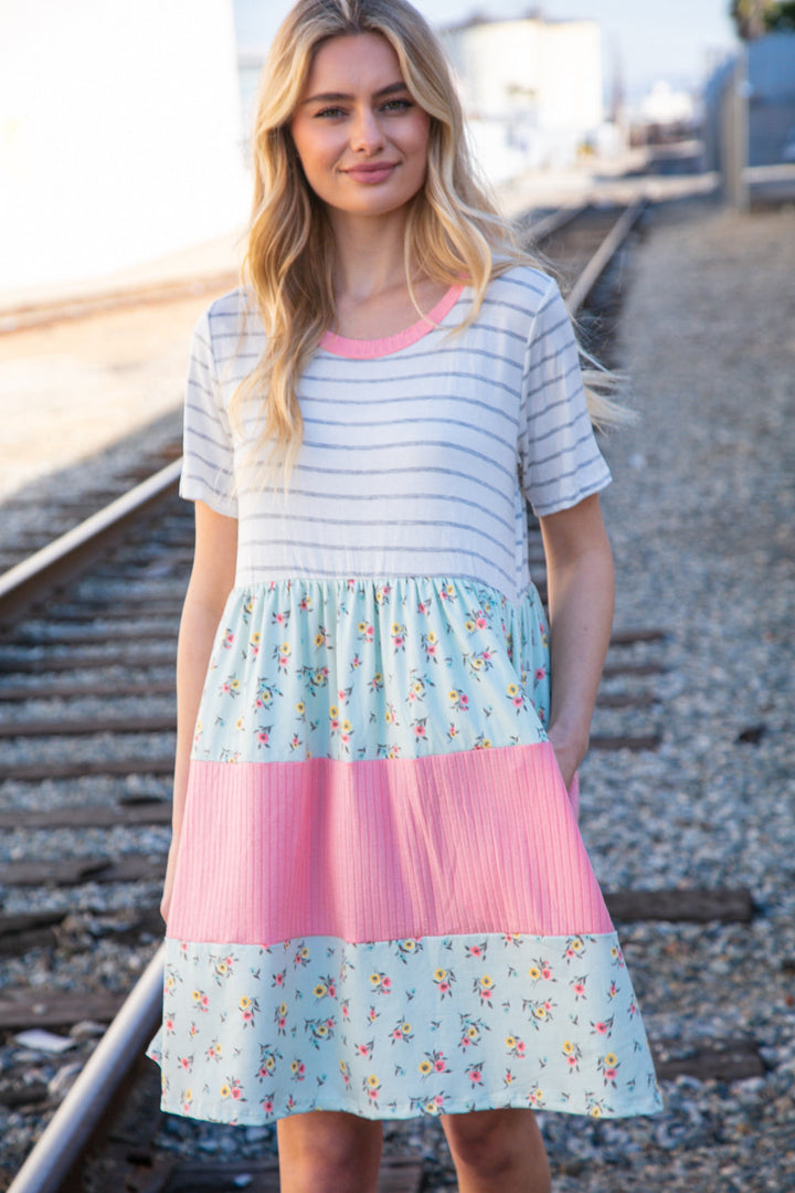 Floral and Stripe Color Block Fit and Flare Rib Dress | Nikki &amp; Co. Boutique