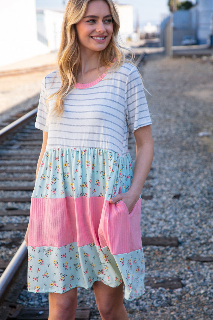 Floral and Stripe Color Block Fit and Flare Rib Dress | Nikki &amp; Co. Boutique
