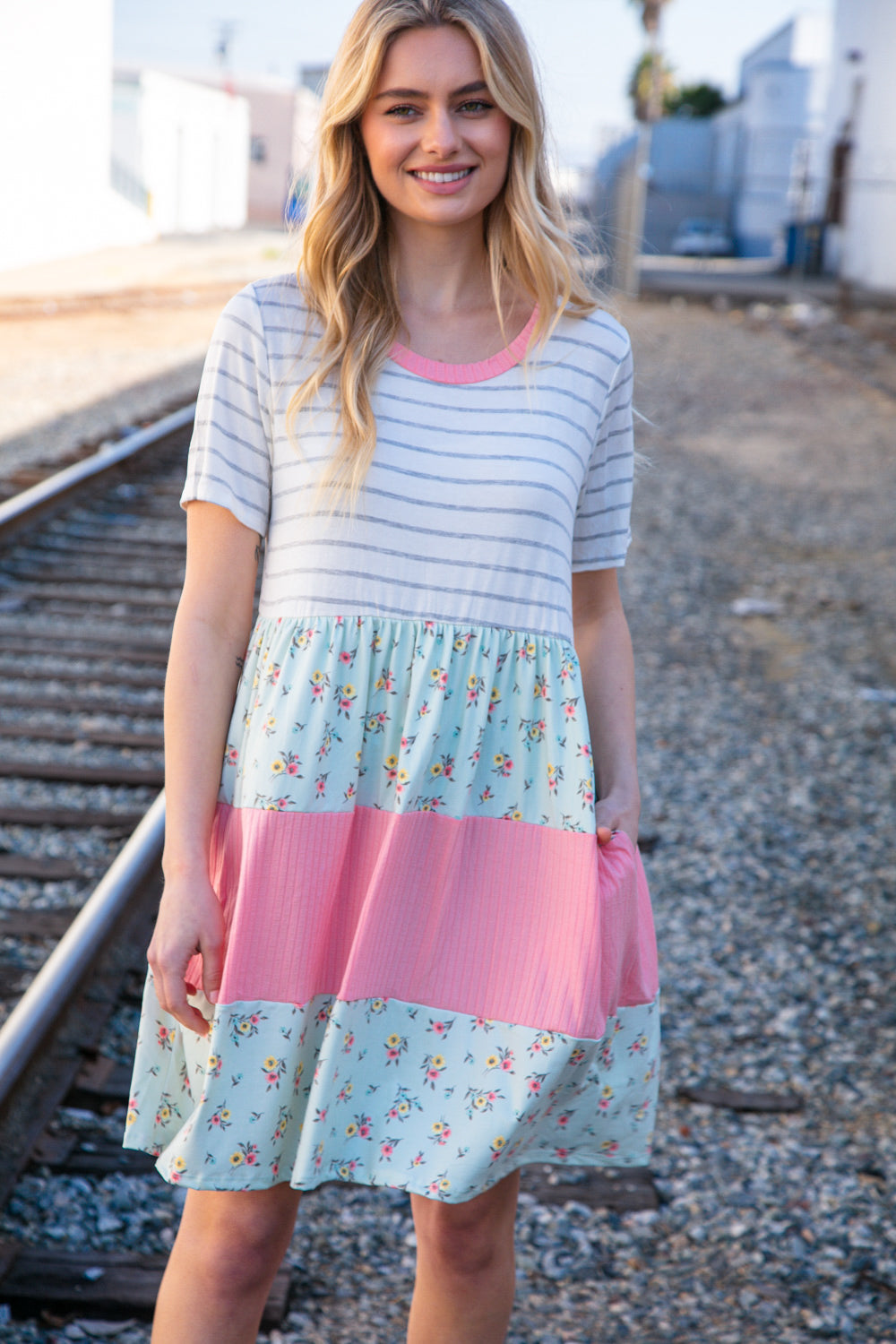 Floral and Stripe Color Block Fit and Flare Rib Dress | Nikki &amp; Co. Boutique