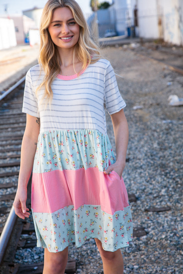 Floral and Stripe Color Block Fit and Flare Rib Dress | Nikki &amp; Co. Boutique
