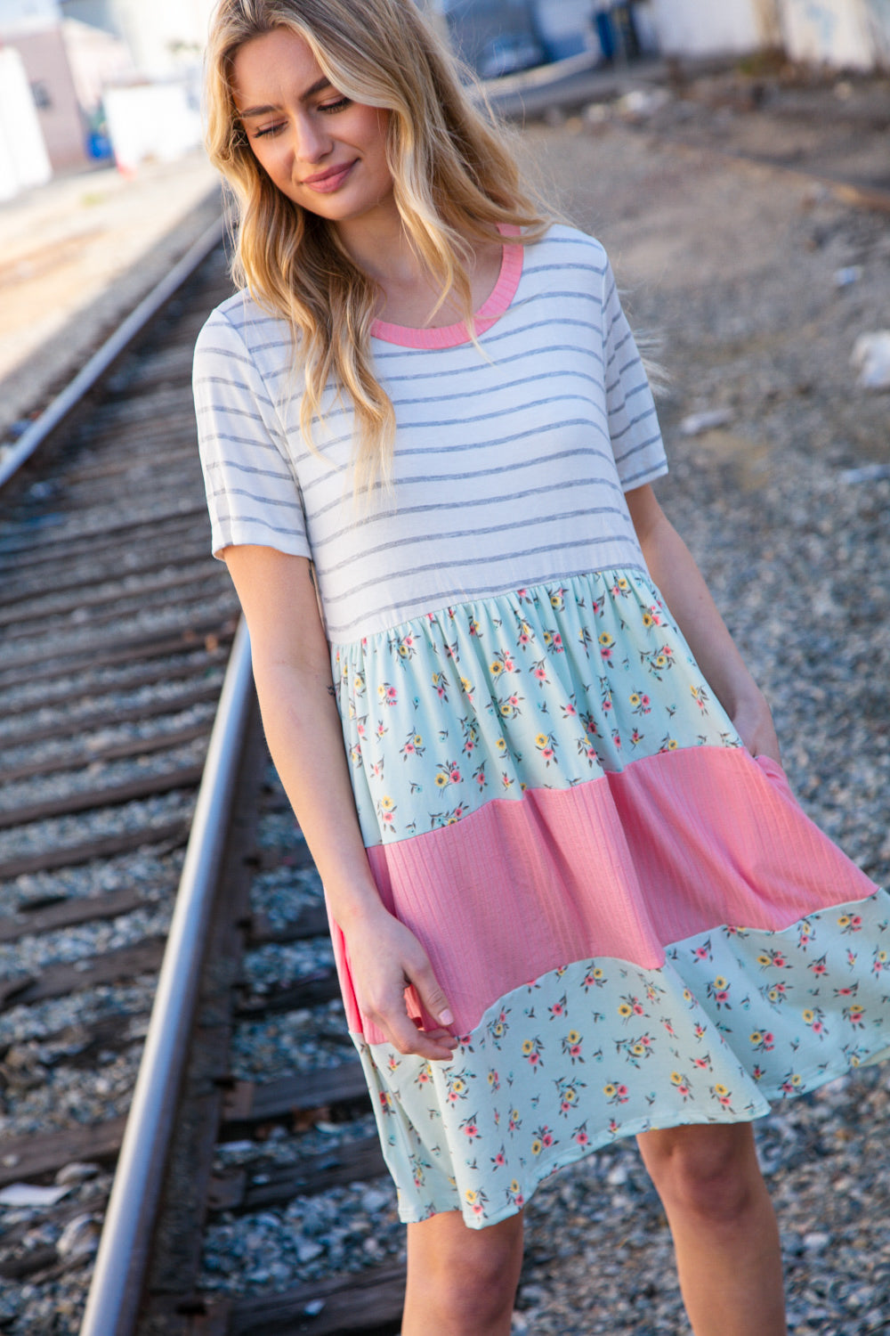 Floral and Stripe Color Block Fit and Flare Rib Dress | Nikki &amp; Co. Boutique