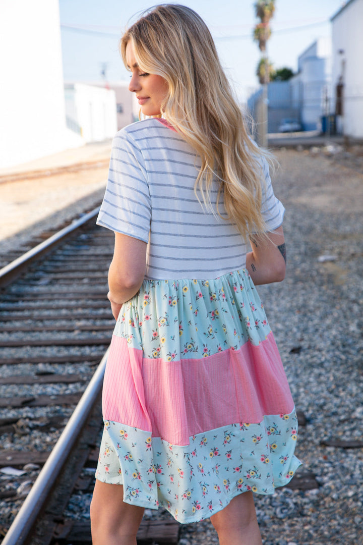 Floral and Stripe Color Block Fit and Flare Rib Dress | Nikki &amp; Co. Boutique