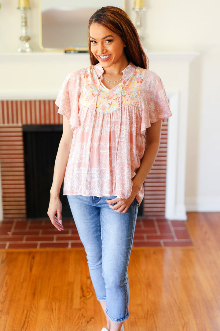 Blush Paisley Floral Yoke Tie Neck Tops | Nikki &amp; Co. Boutique